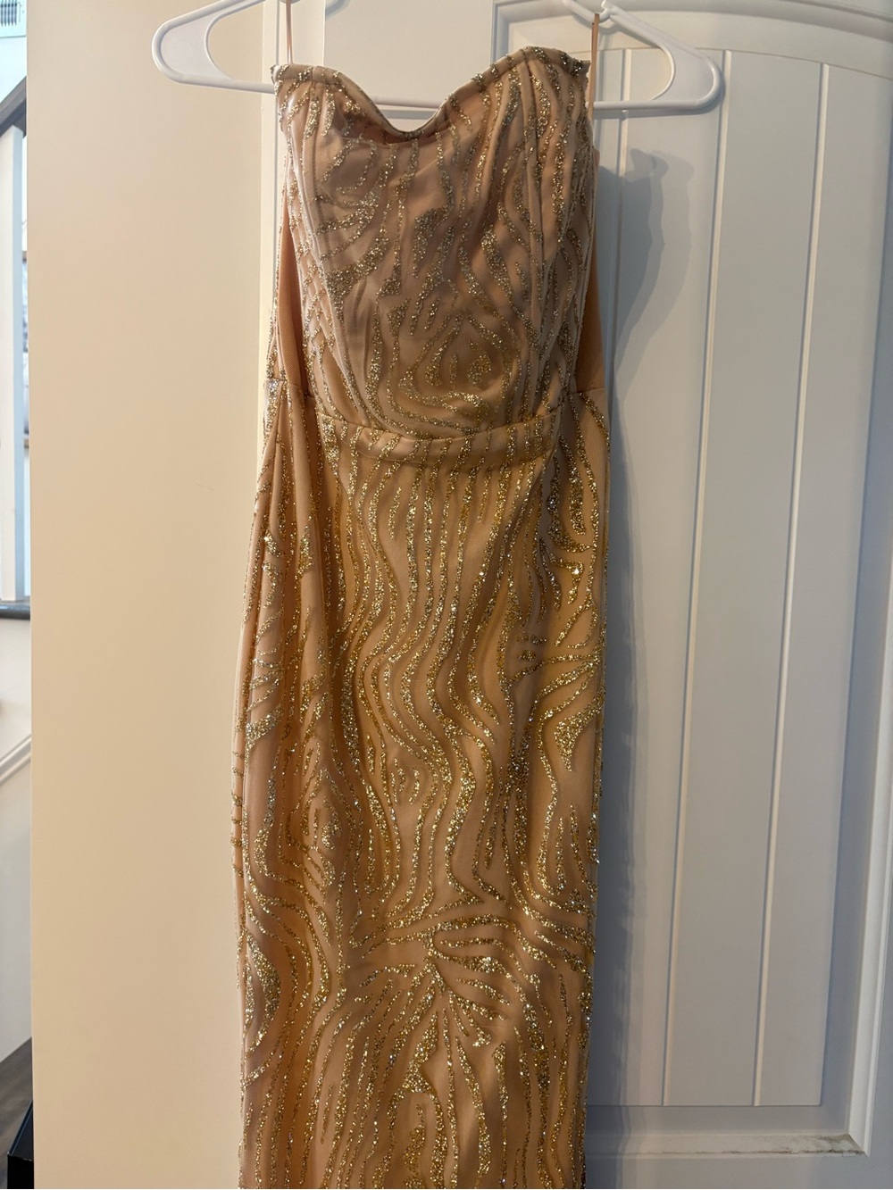 Luxxel Strapless Beaded Evening Gown in Champagne - Picture 6 of 7